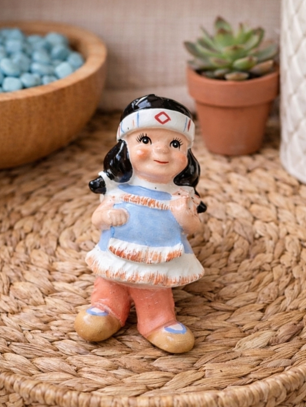 Vintage Ceramic Native American Girl Figurine – Blue Dress – Mid-Century Decor